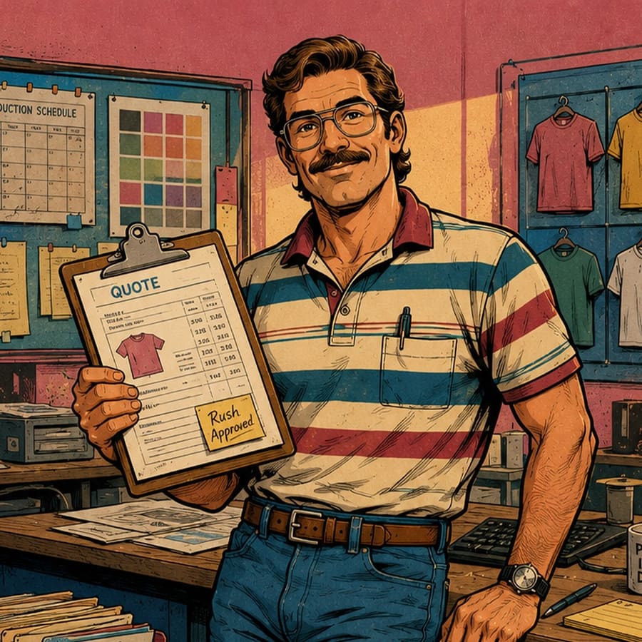 Illustrated estimator holding a rush-approved quote clipboard