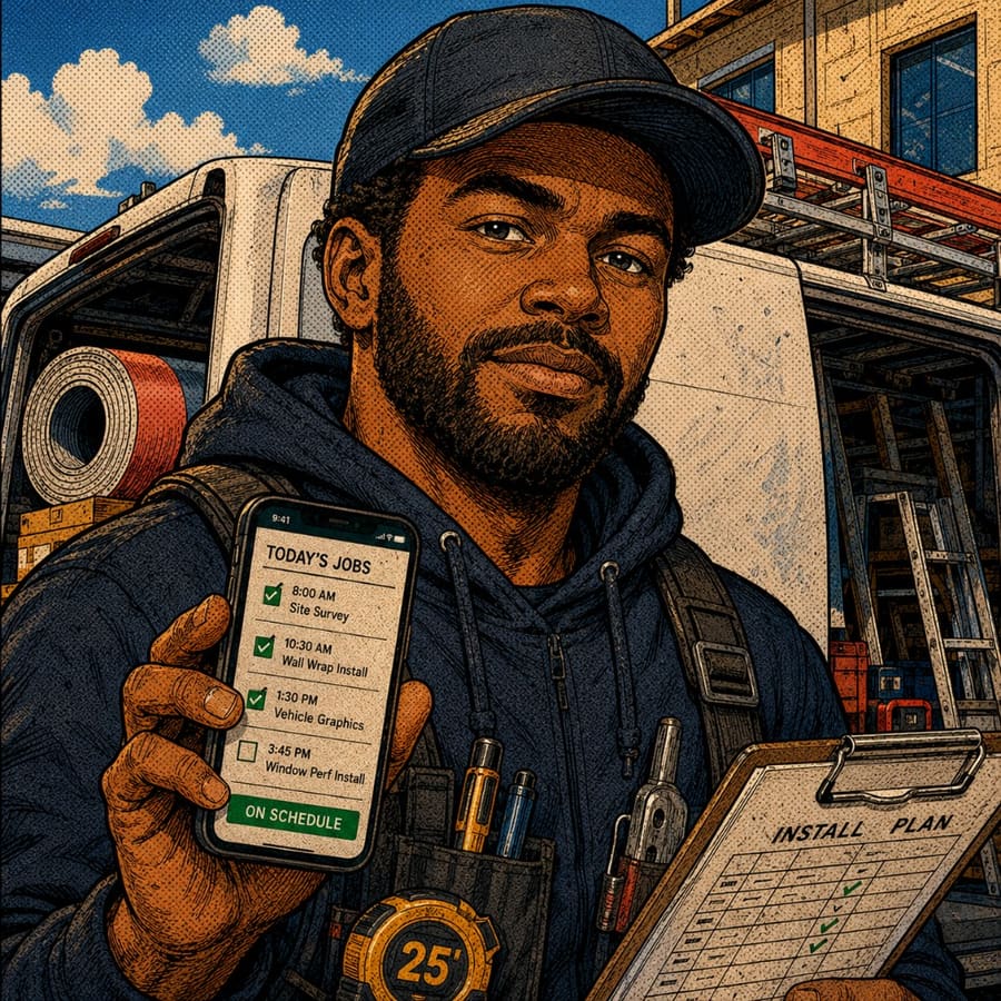 Illustrated field installer with phone job list and install plan clipboard